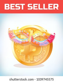 Bitcoin in masquerade mask. Bitcoin. Digital currency. Crypto currency. Money and finance symbol. Miner bit coin criptocurrency. Virtual money concept. Cartoon Vector illustration