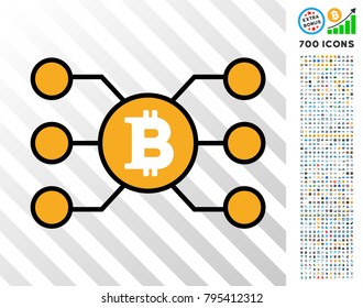 Bitcoin Masternode Links icon with 7 hundred bonus bitcoin mining and blockchain pictographs. Vector illustration style is flat iconic symbols design for crypto currency software.