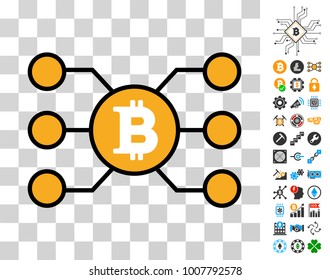 Bitcoin Masternode Links icon with bonus bitcoin mining and blockchain images. Vector illustration style is flat iconic symbols. Designed for crypto-currency software.