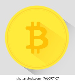 Bitcoin in material design style. Digital currency. Cryptocurrency. Physical bit coin. Golden coin with bitcoin symbol, futuristic money, technology worldwide network concept. Vector illustration.