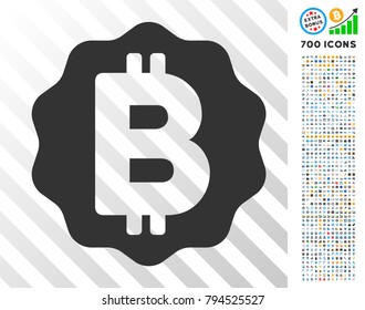 Bitcoin Medal Coin pictograph with 700 bonus bitcoin mining and blockchain graphic icons. Vector illustration style is flat iconic symbols design for crypto currency apps.