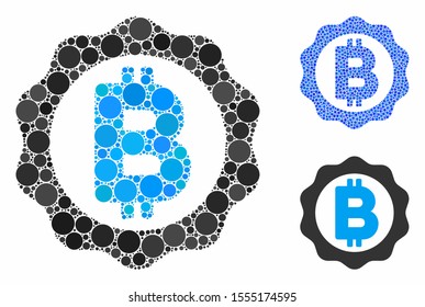 Bitcoin medal seal mosaic of filled circles in different sizes and color tones, based on Bitcoin medal seal icon. Vector filled circles are grouped into blue mosaic.