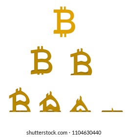 Bitcoin melts. Sequence of several stages of the fall of bitcoin. 3D. Vector illustration of falling Bitcoin course.