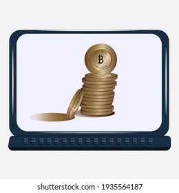 Bitcoin metal gold stack - monitor screen - isolated - vector. Business logo. Cryptocurrency payments