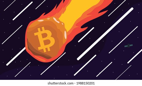 bitcoin meteor falling burning fast speed. btc crypto coin. vector eps 10 illustration