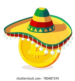 Bitcoin in mexican hat. Cartoon digital currency. Gold cryptocurrency. Money and finance symbol. Miner bit coin criptocurrency. Vector illustration