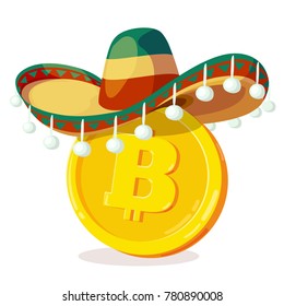 Bitcoin in mexican hat. Cartoon digital currency. Gold cryptocurrency. Money and finance symbol. Miner bit coin criptocurrency. Vector illustration