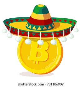 Bitcoin in mexican hat. Cartoon digital currency. Gold cryptocurrency. Money and finance symbol. Miner bit coin criptocurrency. Vector illustration