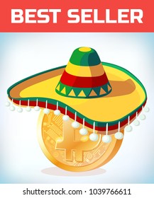 Bitcoin in mexican hat. Bitcoin. Digital currency. Crypto currency. Money and finance symbol. Miner bit coin criptocurrency. Virtual money concept. Cartoon Vector illustration