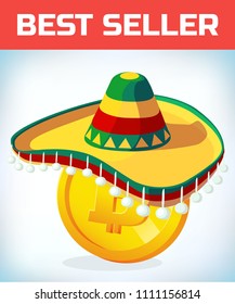 Bitcoin in mexican hat. Bitcoin. Digital currency. Crypto currency. Money and finance symbol. Miner bit coin criptocurrency. Virtual money concept. Cartoon Vector illustration.