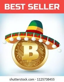 Bitcoin in mexican hat. Bitcoin. Digital currency. Crypto currency. Money and finance symbol. Miner bit coin criptocurrency. Virtual money concept. Cartoon Vector illustration.