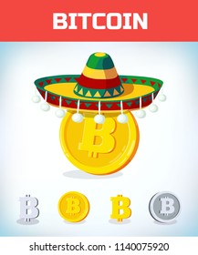 Bitcoin in mexican hat. Bitcoin. Digital currency. Crypto currency. Money and finance symbol. Miner bit coin criptocurrency. Virtual money concept. Cartoon Vector illustration.