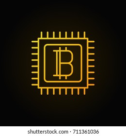 Bitcoin in microprocessor golden linear icon. Vector crypto currency round minimal outline symbol or logo element on dark background