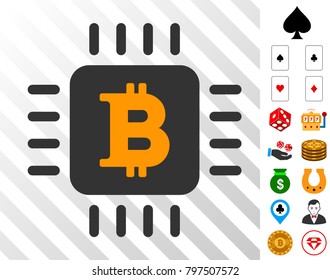 Bitcoin Microprocessor pictograph with bonus casino symbols. Vector illustration style is flat iconic symbols. Designed for casino gui.