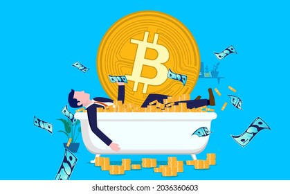 Bitcoin millionaire - Man in bathtub getting rich after investing in crypto currencies. Vector illustration