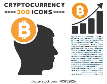 Bitcoin Mind Head icon with 300 blockchain, bitcoin, ethereum, smart contract images. Vector clip art style is flat iconic symbols.