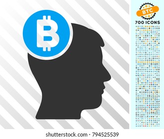 Bitcoin Mind Head icon with 700 bonus bitcoin mining and blockchain images. Vector illustration style is flat iconic symbols design for crypto currency software.