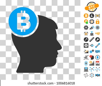 Bitcoin Mind Head icon with bonus bitcoin mining and blockchain symbols. Vector illustration style is flat iconic symbols. Designed for crypto currency software.