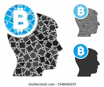 Bitcoin mind head mosaic of inequal elements in different sizes and color tints, based on Bitcoin mind head icon. Vector bumpy parts are combined into mosaic.
