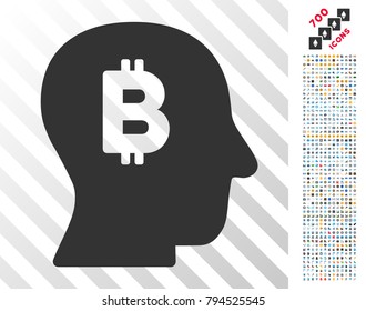 Bitcoin Mind icon with 700 bonus bitcoin mining and blockchain pictograms. Vector illustration style is flat iconic symbols design for crypto currency software.