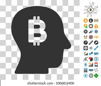 Bitcoin Mind pictograph with bonus bitcoin mining and blockchain clip art. Vector illustration style is flat iconic symbols. Designed for crypto-currency websites.