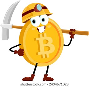 Bitcoin Miner Cartoon Figur mit Spitzhacke. Vektor-Illustration flaches Design isoliert auf transparentem Hintergrund