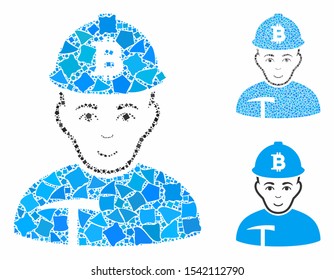 Bitcoin miner composition of uneven pieces in various sizes and color tinges, based on Bitcoin miner icon. Vector humpy pieces are grouped into collage.