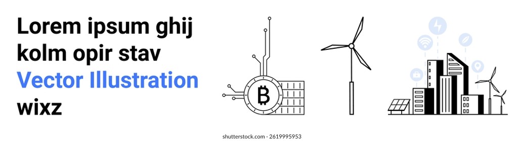 Bitcoin miner connected to blockchain, wind turbines harnessing renewable energy, and futuristic cityscape with skyscrapers. Ideal for cryptocurrency, fintech, renewable energy, technology, smart