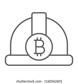 Bitcoin miner hat thin line icon, finance and money, helmet sign, vector graphics, a linear pattern on a white background, eps 10.