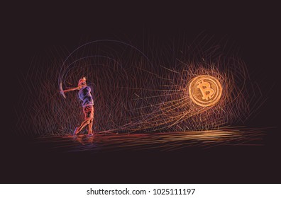 Bitcoin miner hits bitcoin coin causing it go upward illustration. Vector. 