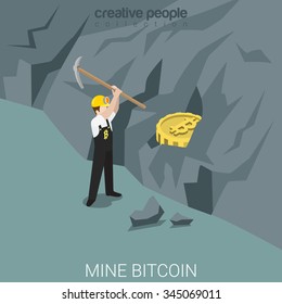 Bitcoin miner mine process flat 3d isometry isometric concept web vector illustration. Worker with	
pick peck bit coin from mountain ore. Creative people collection.