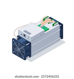 Bitcoin Miner. Bitcoin Mining Antminer isometric view. Cryptocurrency mining equipment and hardware isolated on white. Vector Illustration
