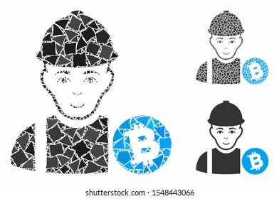Bitcoin miner mosaic of humpy items in different sizes and color tinges, based on Bitcoin miner icon. Vector tuberous items are united into mosaic. Bitcoin miner icons collage with dotted pattern.