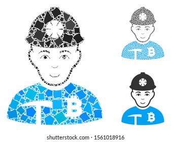 Bitcoin miner mosaic of tuberous elements in various sizes and color hues, based on Bitcoin miner icon. Vector abrupt elements are combined into collage.