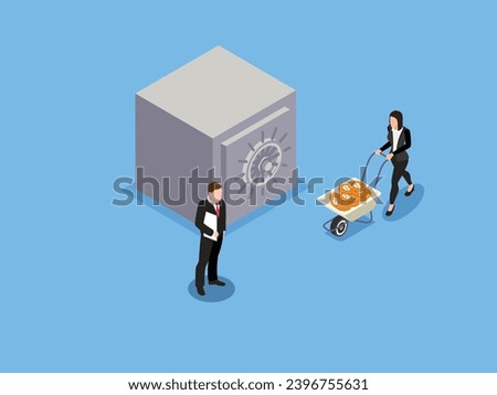Bitcoin miner put btc coins in a safety vault isometric 3d vector concept