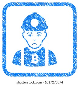 Bitcoin Miner rubber seal stamp imitation. Icon vector symbol with grunge design and unclean texture in rounded square frame. Scratched blue sticker on a white background.
