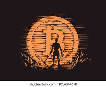 Bitcoin Miner Standing With Pick Axe Near Big Bitcoin Coin. Vector. 