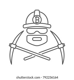 Bitcoin minerman and two pickaxes. Logo and badge of financial tools. Vector Illustration on white background.Editable Stroke