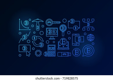 Bitcoin minimal blue banner. Vector crypto currency mining concept line illustration on dark background