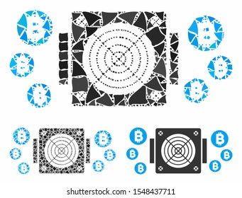 Bitcoin mining ASIC device mosaic of irregular items in variable sizes and color tints, based on Bitcoin mining ASIC device icon. Vector joggly items are grouped into mosaic.