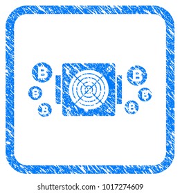 Bitcoin Mining Asic Device rubber seal stamp watermark. Icon vector symbol with grunge design and unclean texture in rounded square frame. Scratched blue stamp imitation on a white background.