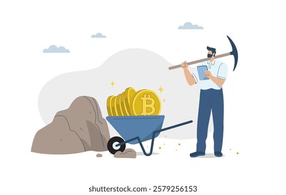 Bitcoin mining and blockchain technology, Process by which new Bitcoins are created in the system, New financial innovation, Male investor with cryptocurrency mining, Flat vector illustration.