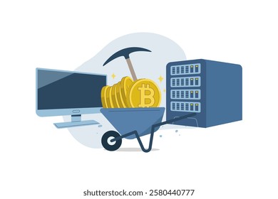 Bitcoin mining and blockchain technology, Process by which new Bitcoins are created in the system, New financial innovation, Cryptocurrency mining, Flat vector illustration.
