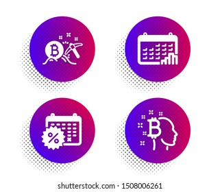 Bitcoin mining, Calendar discounts and Calendar graph icons simple set. Halftone dots button. Bitcoin think sign. Cryptocurrency pickaxe, Shopping, Annual report. Cryptocurrency head. Vector