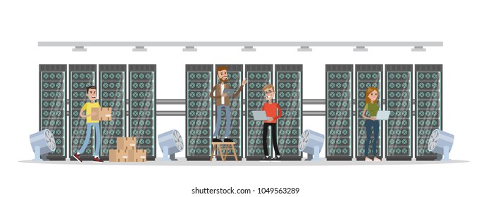 Bitcoin mining center room with computers rendering on white.