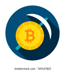 Bitcoin Mining Circle Icon. Vector Illustration Flat Style with Long Shadow.