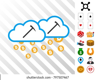 Bitcoin Mining Clouds icon with bonus gambling pictographs. Vector illustration style is flat iconic symbols. Designed for casino apps.