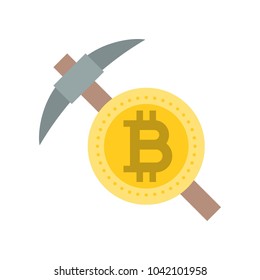Bitcoin mining, coin with pickaxe, flat design icon