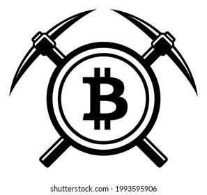Bitcoin mining coin with pickaxes icon