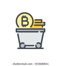 Bitcoin Mining Color Line Icon. Mine Cart With Stack Of Bitcoin Coins Vector Outline Colorful Sign.